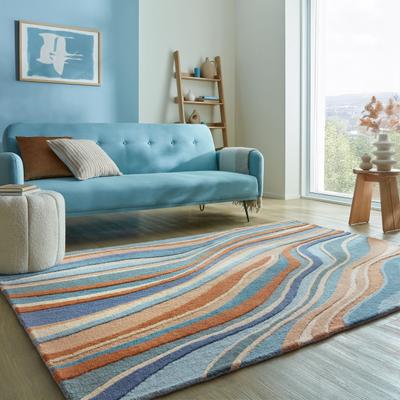 Wollteppich FLAIR RUGS "Abstract Flow handgetuftet", blau, B:120cm H:10mm L:170cm, Wolle, Teppiche, Wolle, Teppich, Wohnzimmer, Schlafzimmer, Esszimmer