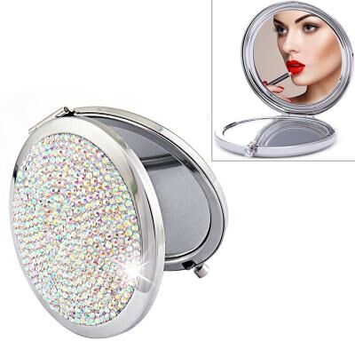 Inspired Deals Dabond Compact Makeup Mirror Diamond Metal Portable Makeup Mirror Double Sided Folding Round Mirror color White