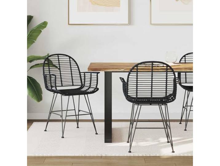 Esszimmerstuhl 2 Stk. Rattan Und Eisen Schwarz 57x55x85 cm Mit Armlehnen Handgewebte Rückenlehne, geschwungene Armlehnen, Fußstütze, stabiler Eisenrahmen, vielseitig einsetzbar