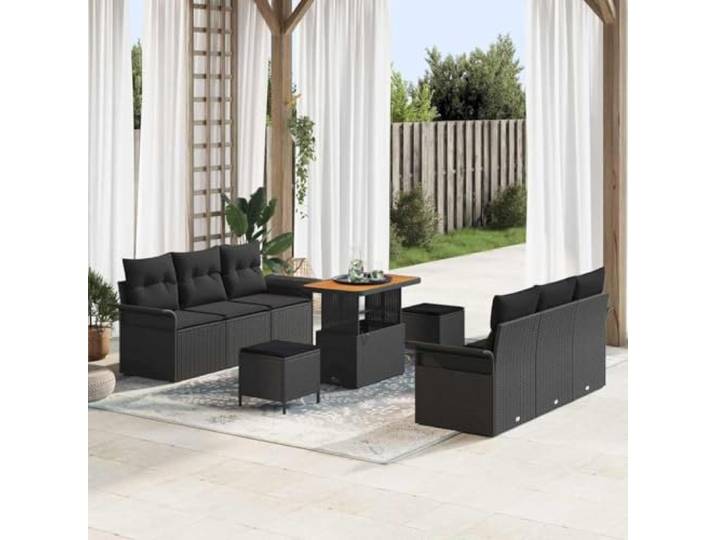 Garten-Sofa-Set 9 Stk. 8-Sitzanzahl Schwarz, Poly Rattan mit Stahlrahmen Poly-Rattan Geflecht, 4 Armstühle, 2 Sitzbänke, 2 Hocker, Tisch mit Akazienholzplatte, Stauraumfächer