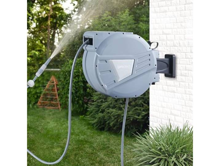 pro.tec Schlauchtrommel Amersfoort 30m + 2m Gartenschlauch Trommel Wand Schlauchaufroller Automatik flexibel Wasserschlauch Wandtrommel Grau