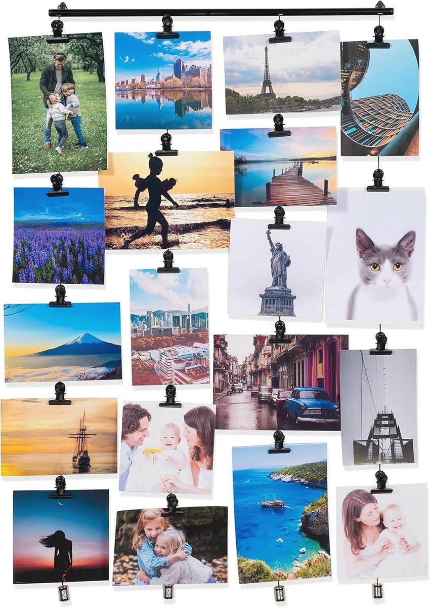 Hanging Photo Display - Metalen Fotohouder met 4 Kabels en 20 Magnetische Clips - Zwart