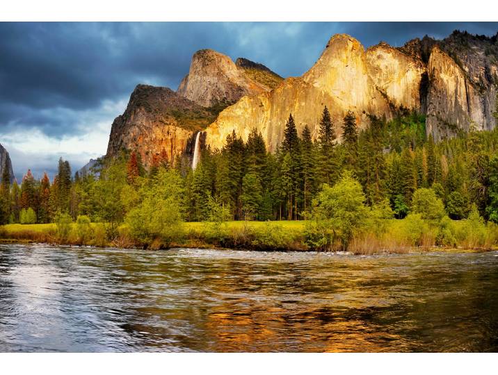 Fototapete PAPERMOON YOSEMITE TAL-FLUSS GEBIRGE WALD BERGE SONNE WASSERFALL , bunt, B:1,5m L:1,11m, Vlies, Tapeten, Fototapete