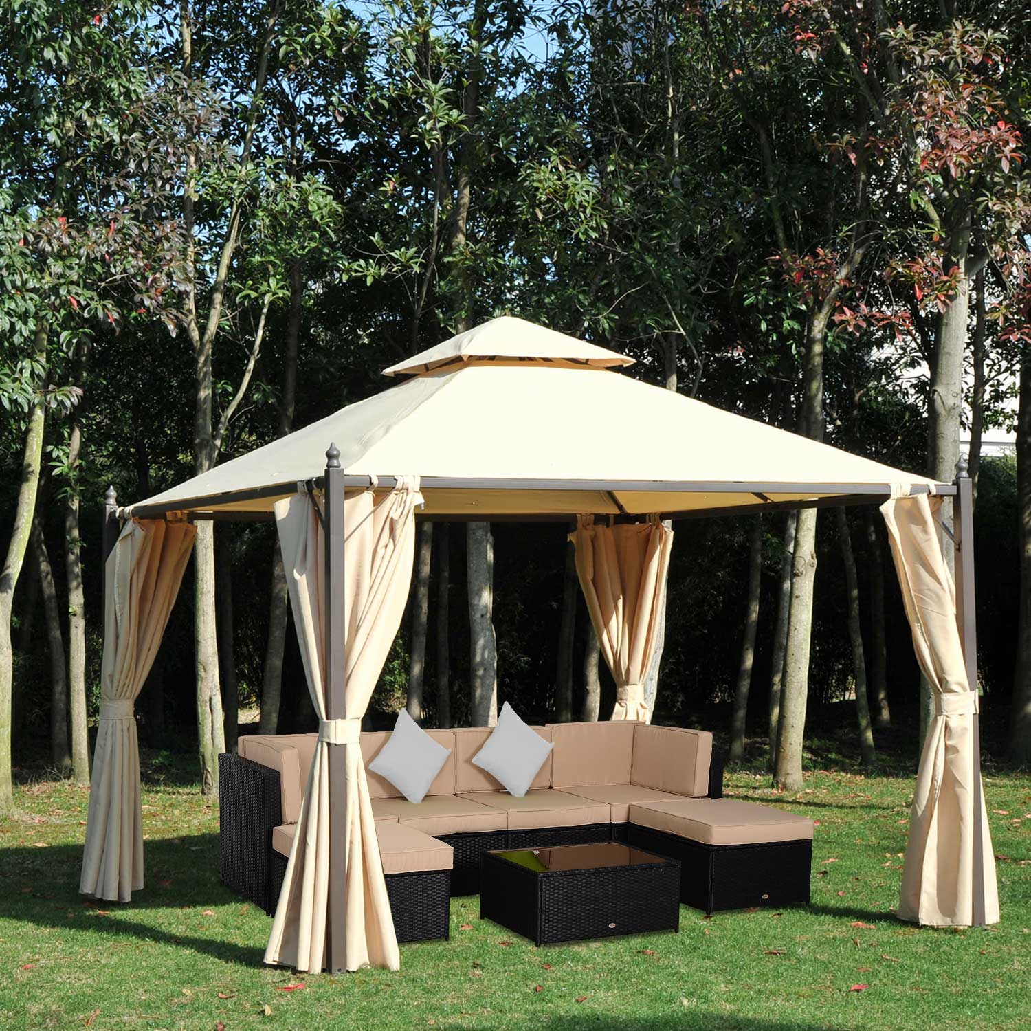 Altro Gazebo Da Giardino 3 X 3m Con 4 Tende Laterali E Doppio Tetto Beige