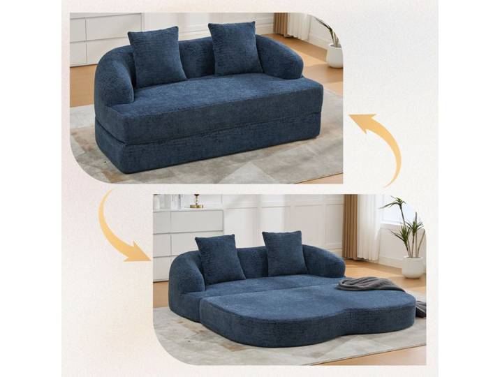 Canapé convertible - Design rétro chic - Bleu marine - Revêtement chenille - Mousse haute résilience