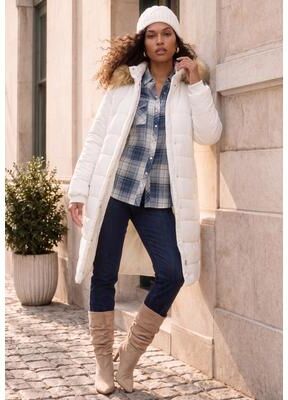 Women's Plus Size Knee Length Puffer Coat by Roaman's in White (Size 2X) Winter Coat