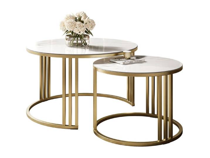 Lookway Couchtisch LORI 2in1 mit Quarzkomposit und gebürsteten goldfarbenen Gestell (Set-Info), Durchmesser: ⌀70 cm und ⌀50 cm, Höhe: 48 cm und 43 cm