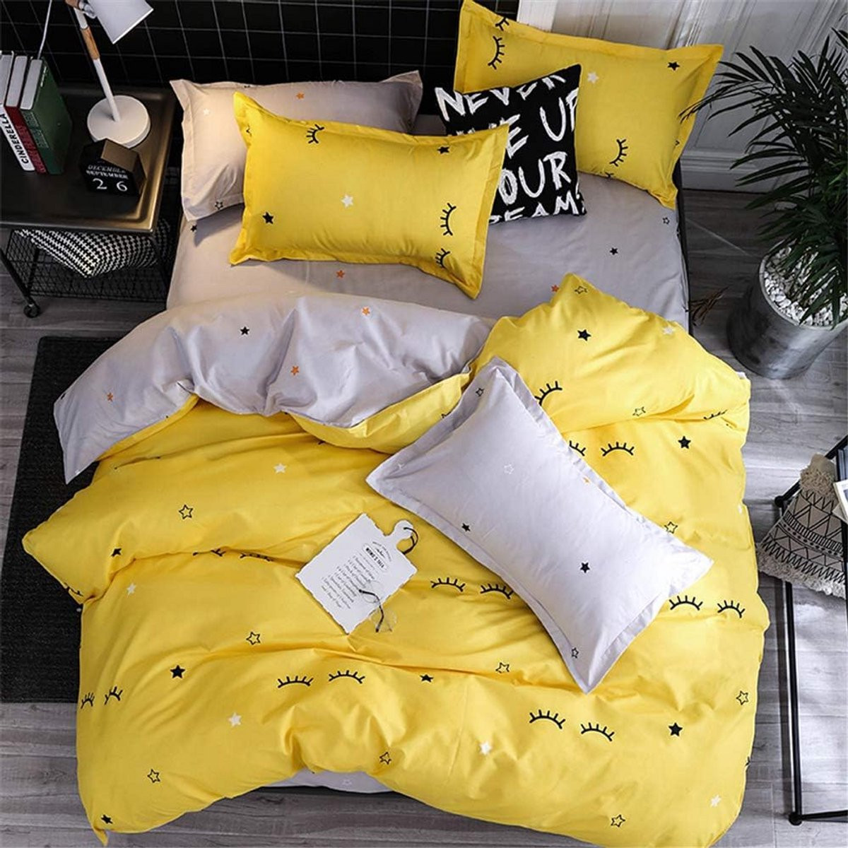 Luxe 4-delig beddengoedset voor volwassenen met ritssluiting en gele wimpers ontwerp