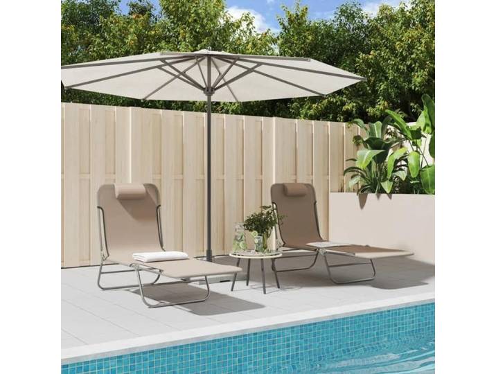 Lot de 2 Chaises Longues Pliables Bain de Soleil Transat de Terrasse Siège de Jardin Patio Extérieur Taupe 360186