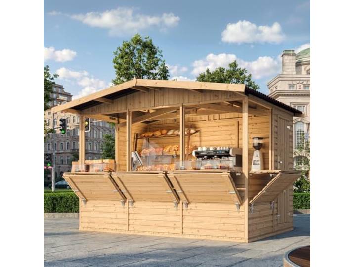TIMBELA M150B Holz Gartenhaus, Marktbude Holz, Qualitäts Schiffslatten Kiefern Fichte Verkaufsstand Holzhaus mit Theke, FÜNF Fenster, 200x300/6 m2, große multifunktionale Garten-Bar Verkaufshütte