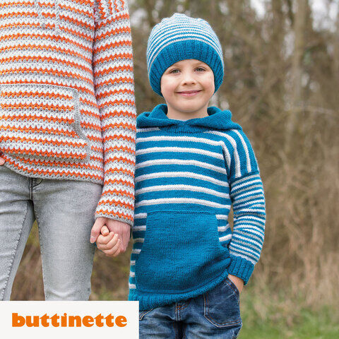 Strickanleitung – Ringelpullover mit Kängurutasche aus Woll Butt Versailles