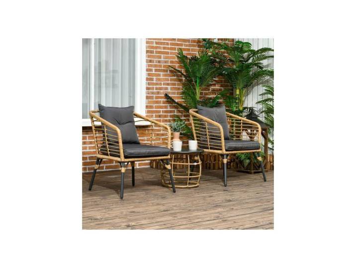 Salon rotin 3p avec table basse +2 chaises coussins sable/gris foncé aménagement balcon