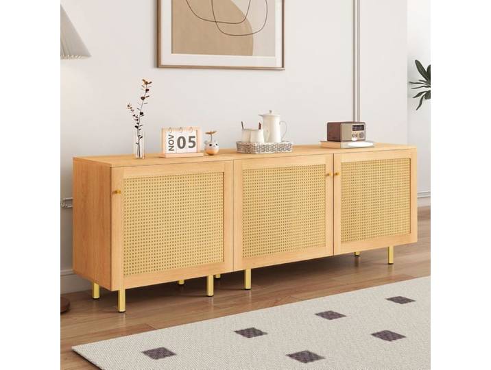 Buffet avec 3 portes décorées en rotin et poignées en métal - Commode avec pieds en métal doré - Armoire de rangement pour chambre