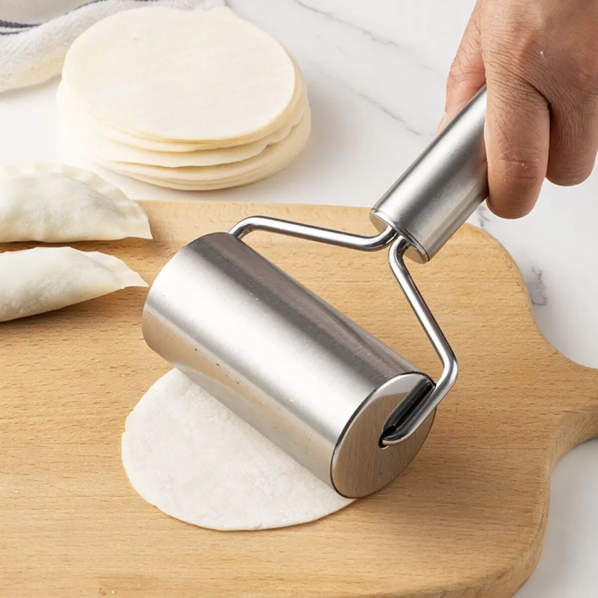 INF Rouleau en acier inoxydable en T à double tête – Rouleau à pâte double-embout pour peaux de wonton, feuilles de raviolis et
