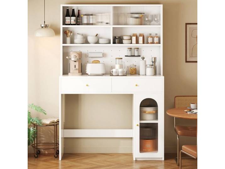Armoire de cuisine avec plan de travail sideboard et armoire haute fonction 2 tiroirs étagère réglable rangement blanc