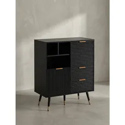 Sideboard – Schwarz/Eiche-Dekor, 77x97x40 cm, mit Türen, Schubladen, Regal, Metallbeine