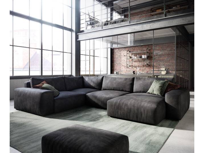 Wohnlandschaft Lanzo 300x210 cm Lederimitat Vintage Anthrazit Recamiere variabel mit Hocker, Wohnlandschaften