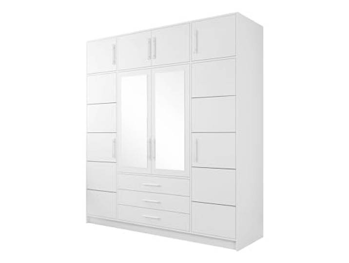 Mirjan24 Drehtürenschrank Bado 4D, Spiegel, Aufsatz (Weiß) Geräumiger Kleiderschrank mit 3 Schubladen, 10 Fächern, Kleiderstange und Soft-Close-System für Kleidung und Accessoires
