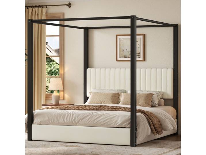 Lit baldaquin 180 × 200 cm avec tête de lit rembourrée cadre métallique - TCQPZ - velours beige et noir