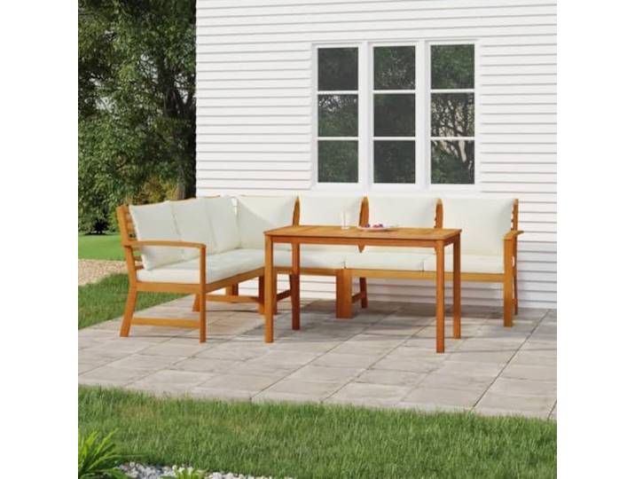 WDGJJFECNMUEHI Bois d'acacia massif Avec coussins Patio terrasse Brun 59.4 Ensemble à manger de jardin 5 pièces en acacia avec coussins canapé d'angle table et bancs pour patio terrasse