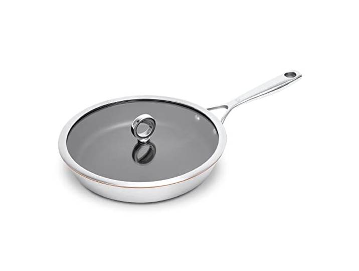 Olavson Kupferpfanne, Pfanne 26cm, Induktion, mit Deckel, Antihaft, PFOA-frei, Keramik verstärkt, Pfanne beschichtet, Bratpfanne, Spülmaschinenfest, Ofenfest, Edelstahl mit Kupfer bis zum Rand