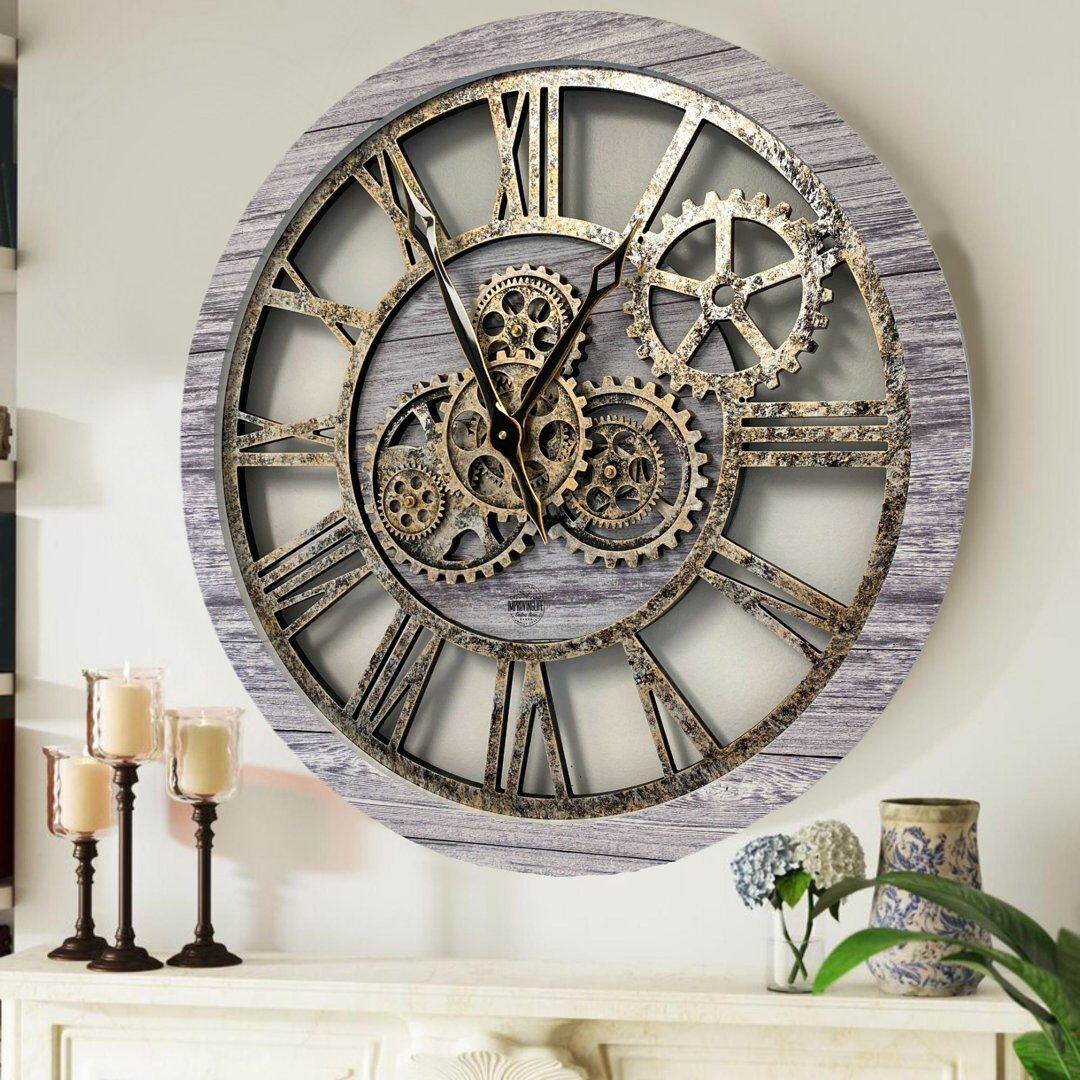 The Gears Clock Solid Wood Skeleton Wall Clock Silver Grey 61cm W X 61cm H X 7cm D
