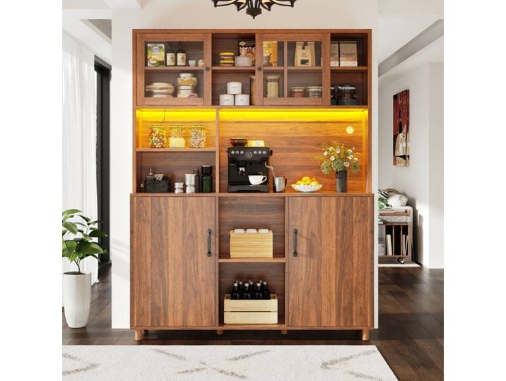 Buffet de Cuisine Grand Vaisselier - Effet Noyer - avec Portes Coulissantes en Verre et Éclairage - Style Industriel