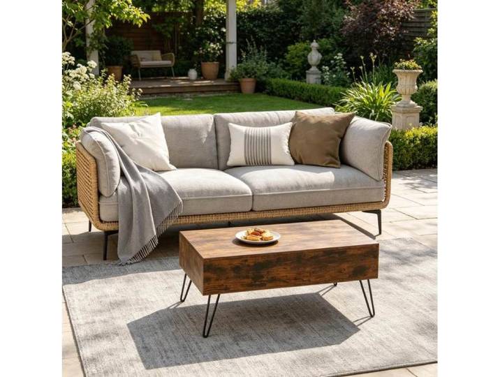 Table basse relevable 95x50x40 cm avec rangement caché plateau réglable structure métal et bois brun rustique