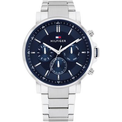 Multifunktionsuhr TOMMY HILFIGER "TYSON", silber (silberfarben, dunkelblau, dunkelblau), Armbanduhren, Herren, silberfarben, Quarzuhr, Armbanduhr, Herrenuhr, Datum, Edelstahlarmband