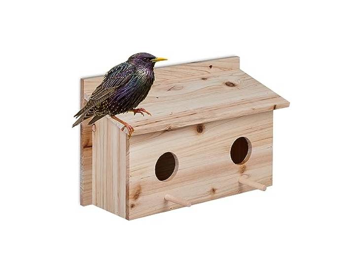 Relaxdays Nichoir d’extérieur pour étourneaux\, en Bois de Sapin Naturel\, 2X Trous d’envol\, à Suspendre\, Nature