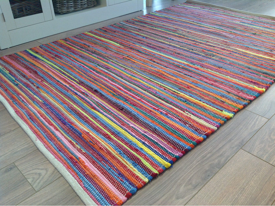 Latitude Vive Seth Rainbow Striped Recycled Cotton Handwoven Flatweave Rug Multicolour Rectangle 150 x 300cm