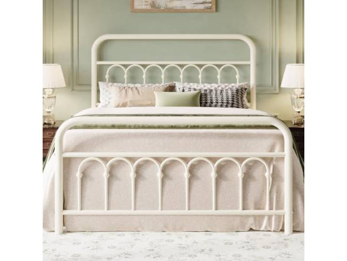 MUTICOR Metallbett 140 x 200 cm im viktorianischen Stil, Cremeweiß Robustes Bettgestell mit verstärkten Metalllatten und 31,8 cm Bodenfreiheit für praktischen Stauraum unter dem Bett