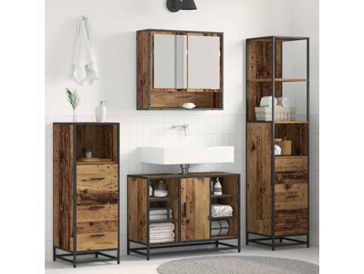 YUTAASU Badezimmermöbel Set 3 STK Altholz Holzwerkstoff Mit Spiegelschrank, Waschbeckenunterschrank, Hoher Schrank, Wandmontierte Regale, Pflegeleicht