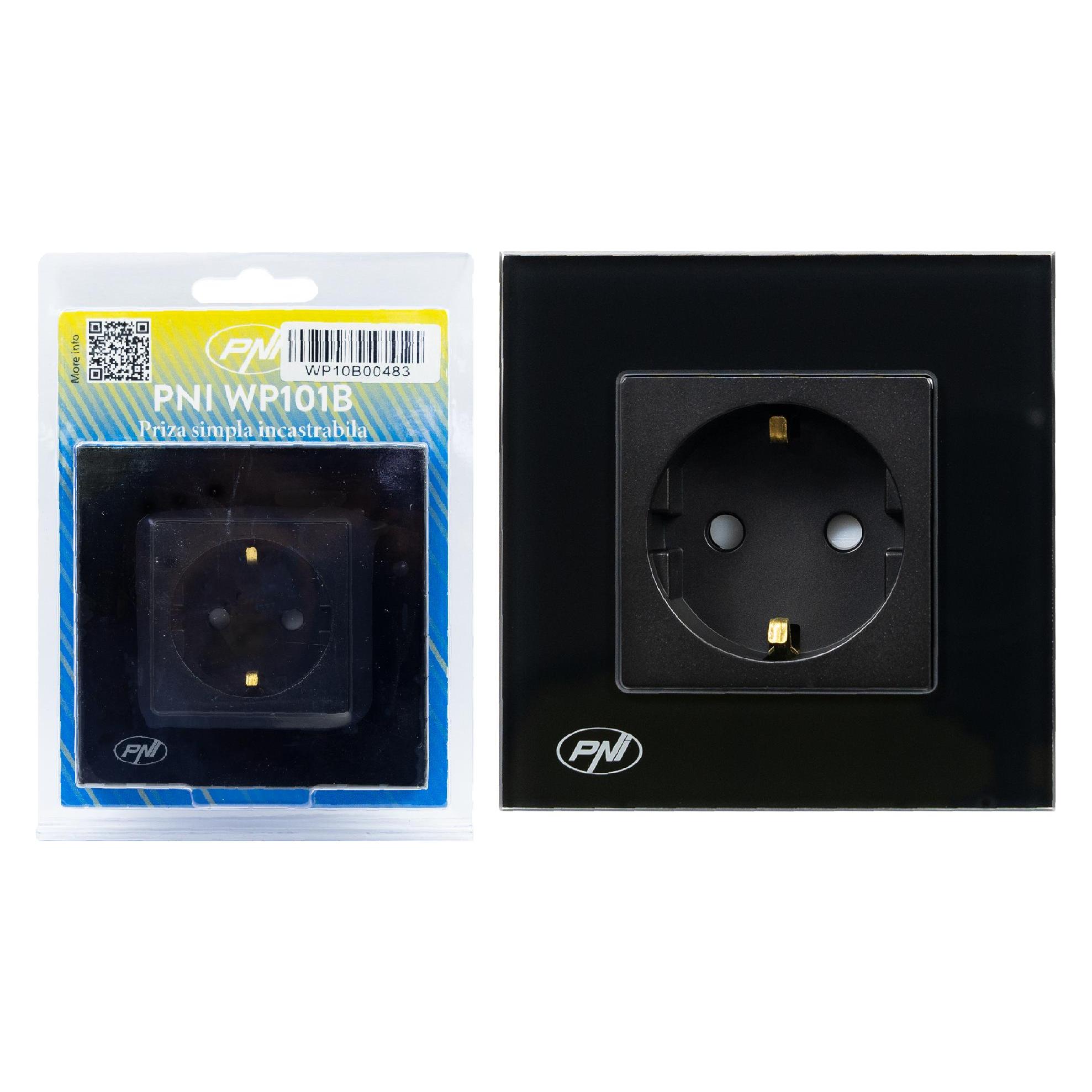 PNI Einfache Einbausteckdose WP101B, mit Glasrahmen, 16A, 3000W, 230V, schwarz (43698061)