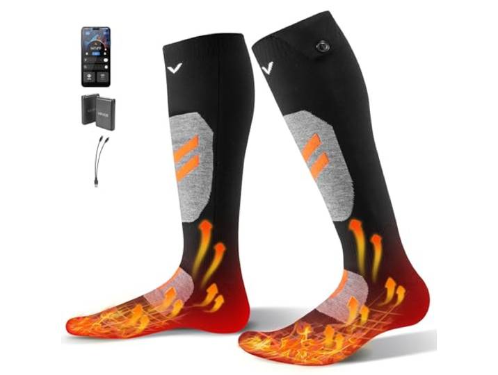 VEVOR Chaussettes Chauffantes Femme Homme à Batterie Rechargeables Électrique 5000 mAh\, 4 Niveaux de Chauffage\, avec Contrôle par Application\, pour Sports Hiver\, Ski\, Pêche sur Glace\, Randonnée\, S