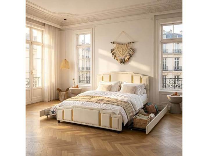 UwvEranthropy Polsterbett 160x200 cm mit 4 Schubladen & LED Beleuchtung, Modernes Doppelbett mit Goldenen Akzenten, Funktionsbett mit Musik-Sync & App-Steuerung, Beige Leinen-Optik, Ohne Matratze