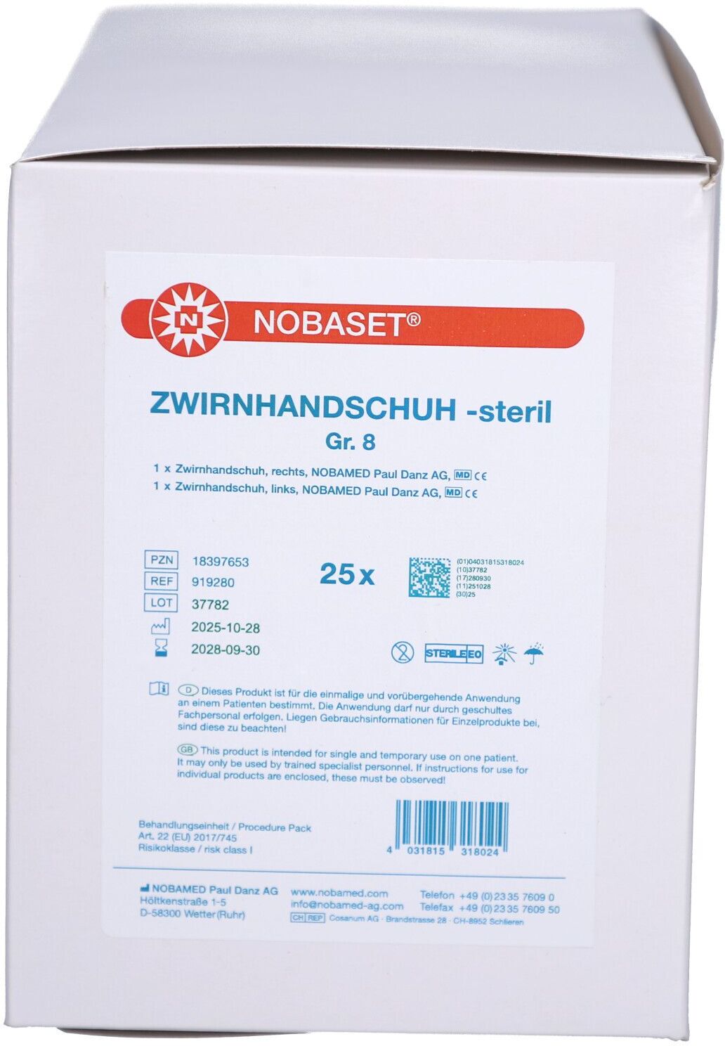 Nobaset ZWIRNHANDSCHUHE-steril Gr.8 paarweise 25x2 St Handschuhe