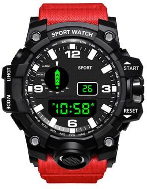 Youfap Market Multifunctional Waterproof Fashion Men's Sports Wristwatch With Luminous Alarm For Military Use, Large Dial red
