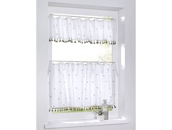 Kutti Scheibengardine Bistrogardine Panneaux Honey Landhaus gestickt Biene Natur Baumwolle Bindebänder Breite 120 x Höe 25 cm