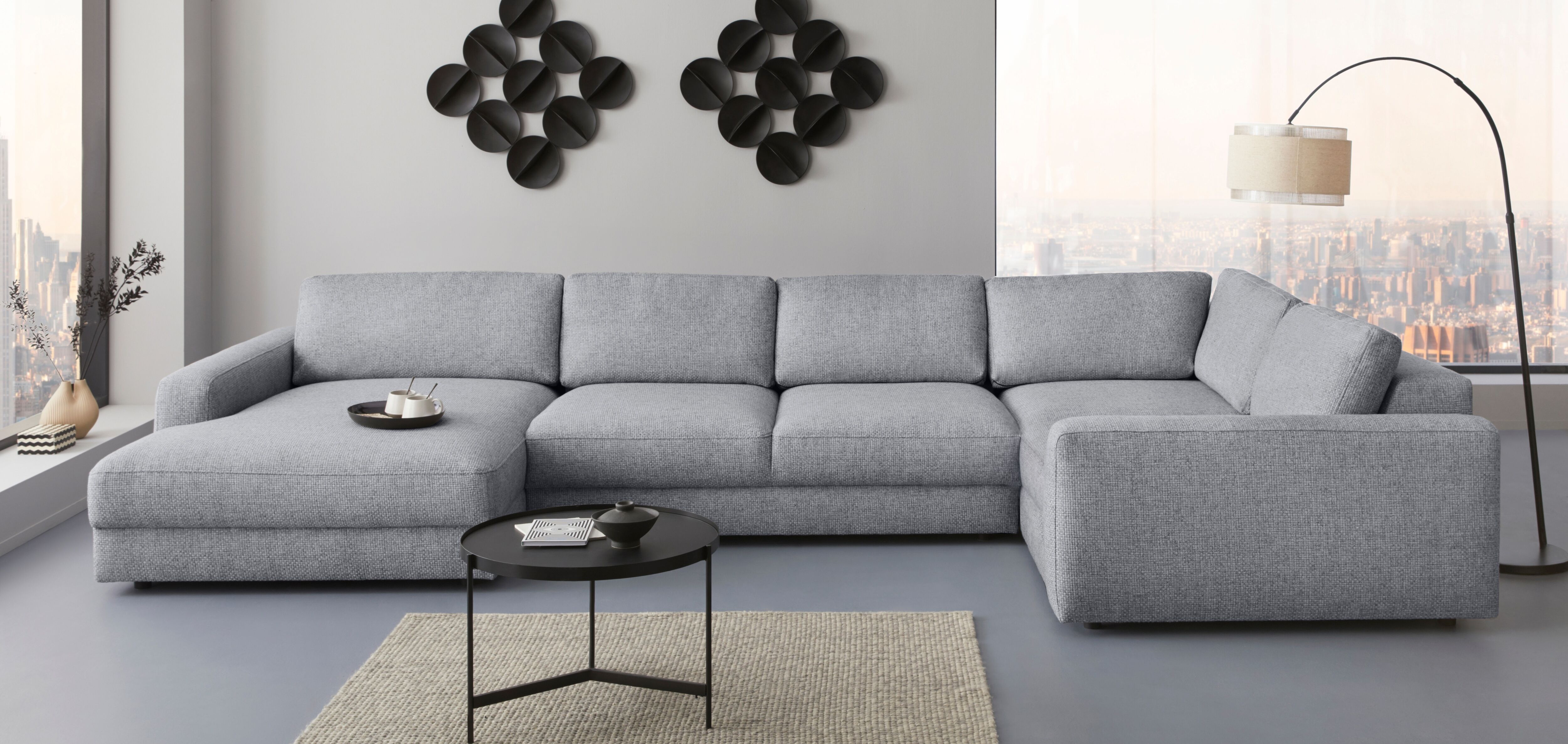Wohnlandschaft HOME AFFAIRE "Bloomfield, Mega Polsterprogramm, Breite 405cm, viel Platz, U-Form", grau (antarctica), B:405cm H:84cm T:224cm, 100% Polyester, Sofas, Wohnlandschaft, mit extra tiefer Sitzfläche, wahlweise mit Sitztiefenverstellung antarctica