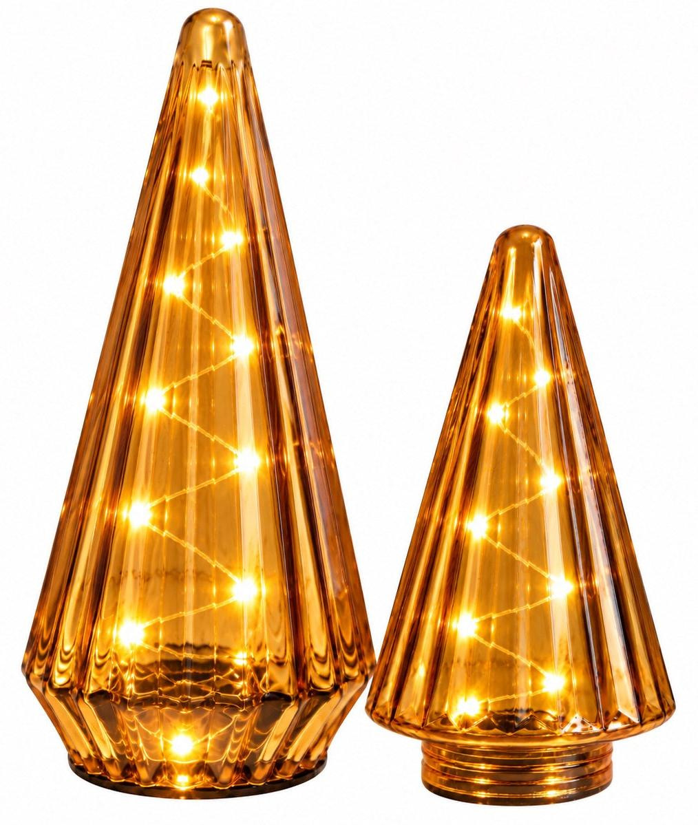 Set van 2 amberkleurige glazen kerstbomen met LED-verlichting, Hoogte: 24 cm en 33 cm