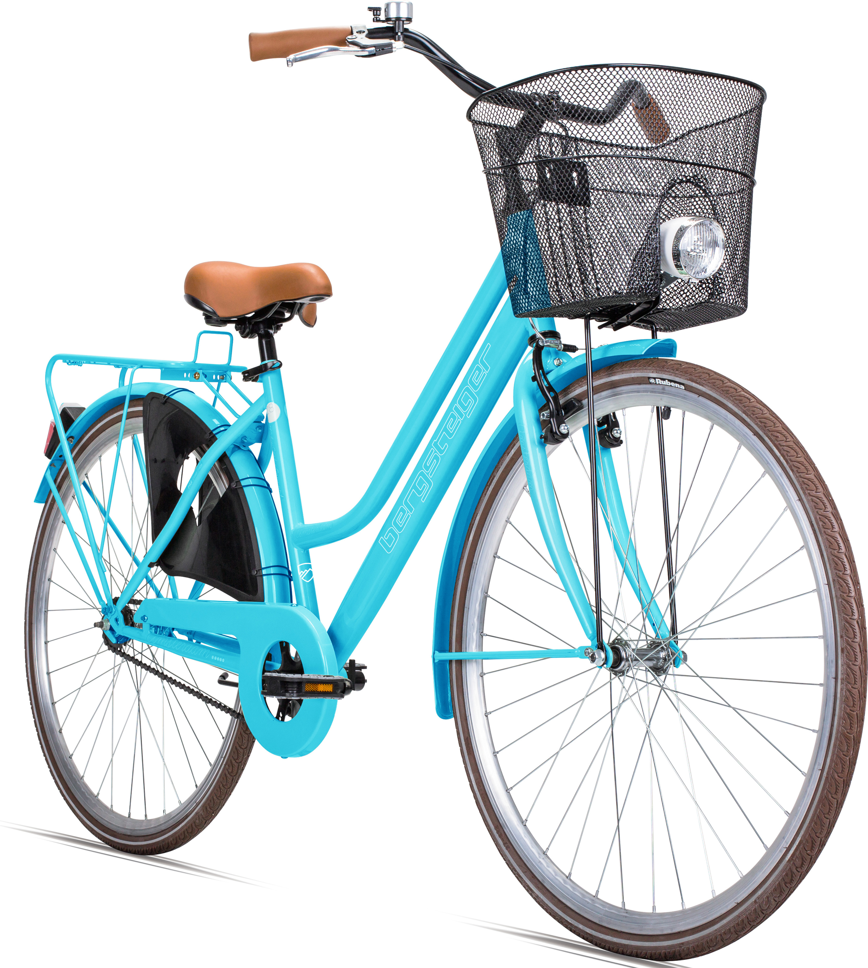 Bergsteiger Amsterdam Damenfahrrad 28 Zoll, mit Korb, Fahrrad-Licht, Rücktrittbremse, Rahmenhöhe 48 cm,Hollandrad im Retro-Design, Farbe Türkis