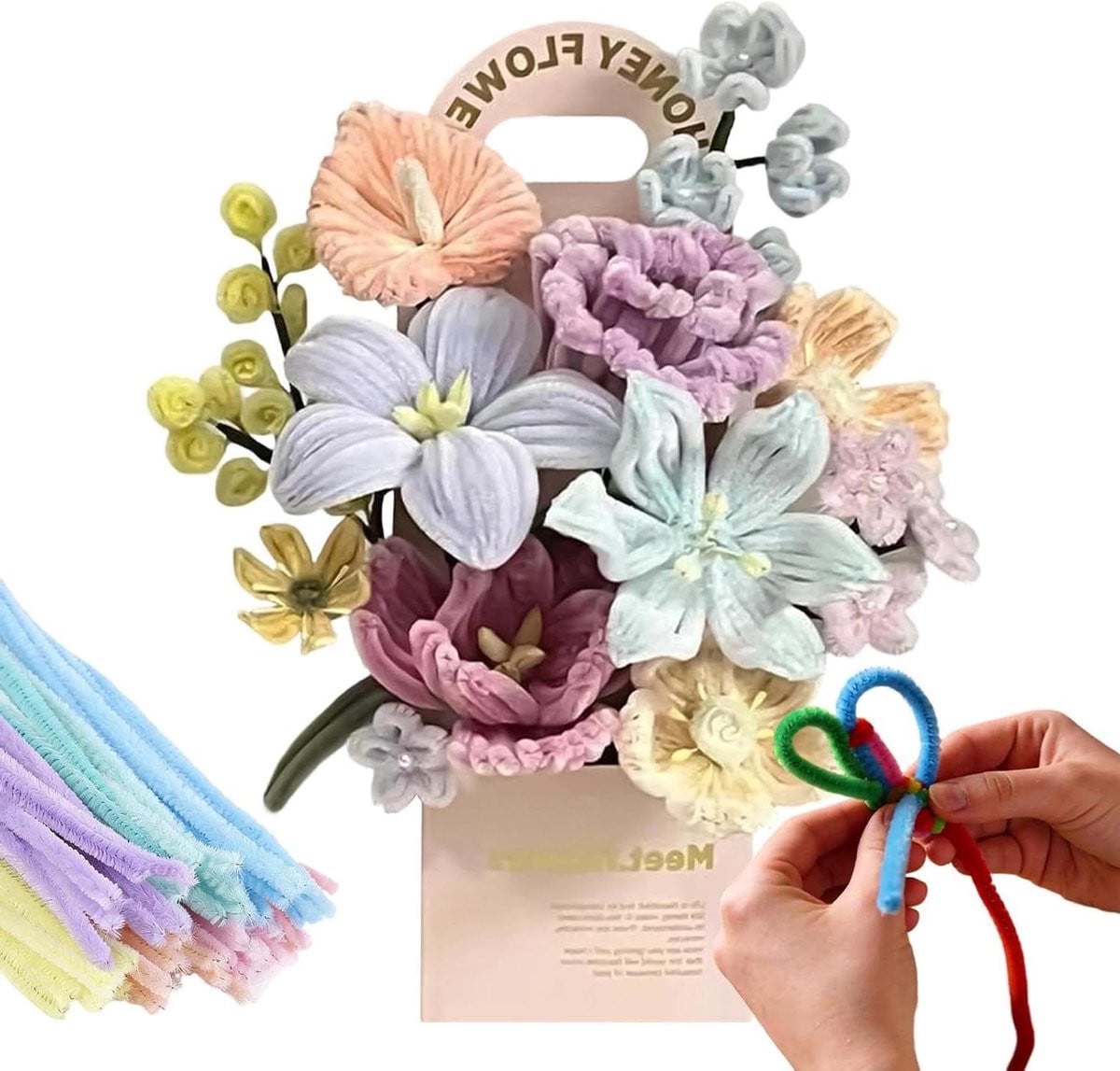 Makkaroni Bloemen Knutselset met Chenille Bloemen voor Creatieve Decoratie, 20 cm