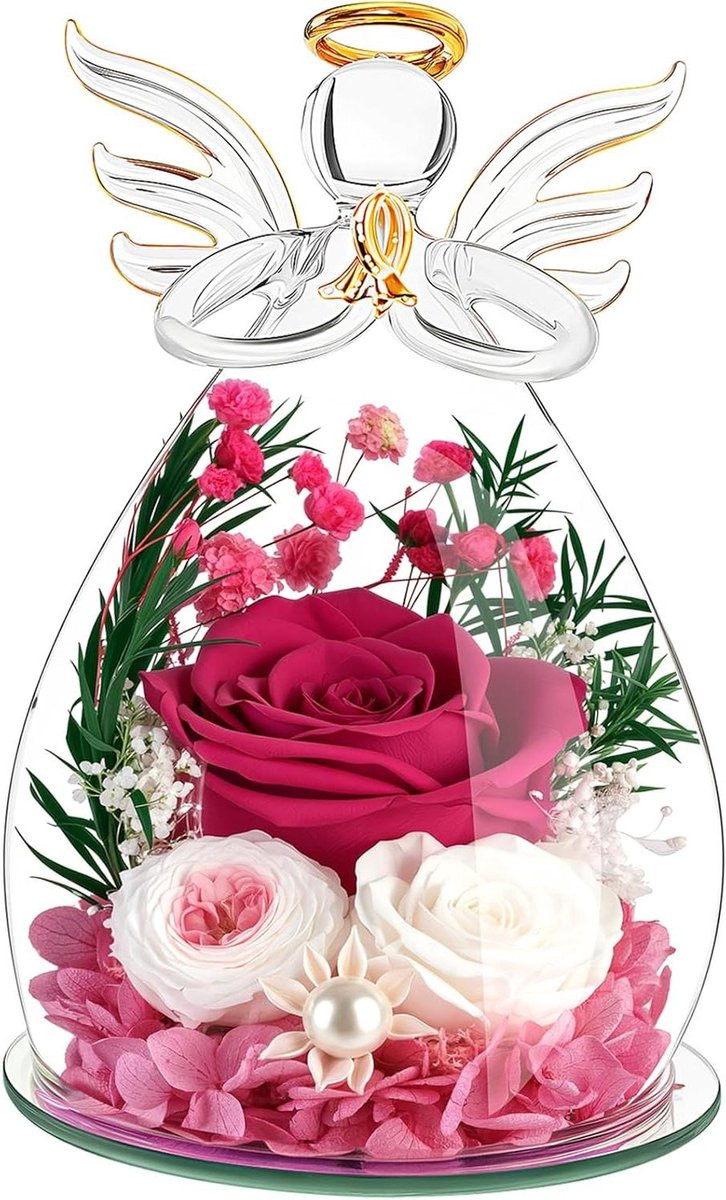 Set van 3 geconserveerde gouden rozen in een glazen engel decoratie