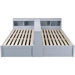 MODFU Multifunktionsbett MDF/Kiefernholz grau 90/180x200 cm, mit LED, Steckdosen und hydraulischem Stauraum