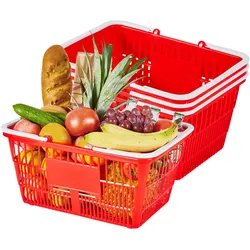 VEVOR Einkaufskorb, 4 Stk., 21 L, PE-Kunststoff-Tragekorb mit Griffen, Universalkorb stapelbar, Kunststoffkorb, tragbar für Lebensmittel, Einzelhandel, Geschäfte, Supermärkte, Heimgebrauch, rot