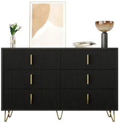 Sideboard 120x40x77 Schwarz Gold mit 6 Schubladen Wellenstruktur Goldgriffe Beine Stauraum Aufbewahrung Esszimmer Wohnzimmer Modern