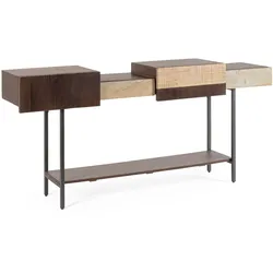 Konsole Kibik aus Mangoholz, Retro Chic Design, braun, mit Schubladen und Naturstein-Details