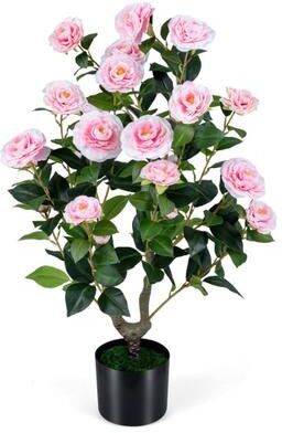 Costway Artificial Camellia Tree Faux Flower Plant in Cement-Filled Pot-Pink
