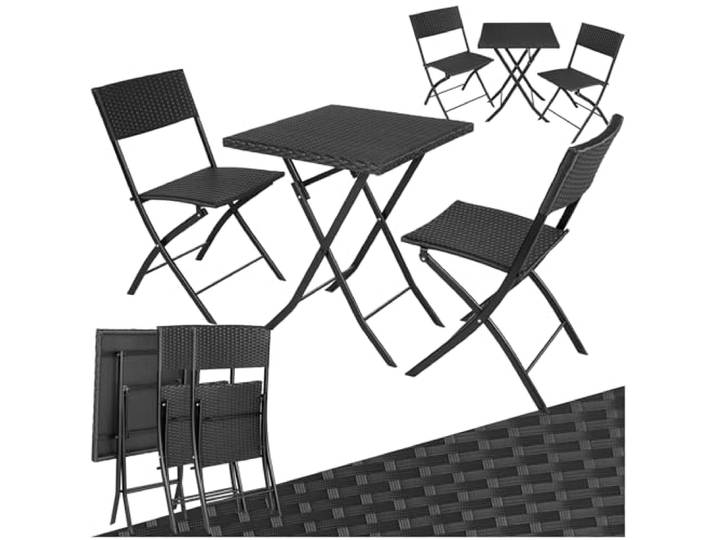 tectake® Rattan Balkon oder Garten Bistro Möbel Set, Sitzgruppe mit 2 Stühlen und 1 Kleiner Esstisch, platzsparend klappbar, Gartenmöbel, Balkonmöbel Kleiner Balkon - schwarz